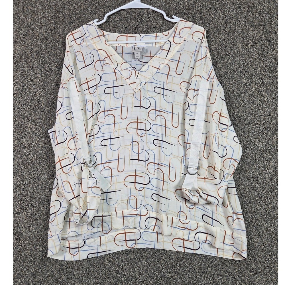 Worthington V-Neck Blouse Women XL Cream Geometric Abstract D-Ring Tab Sleeve